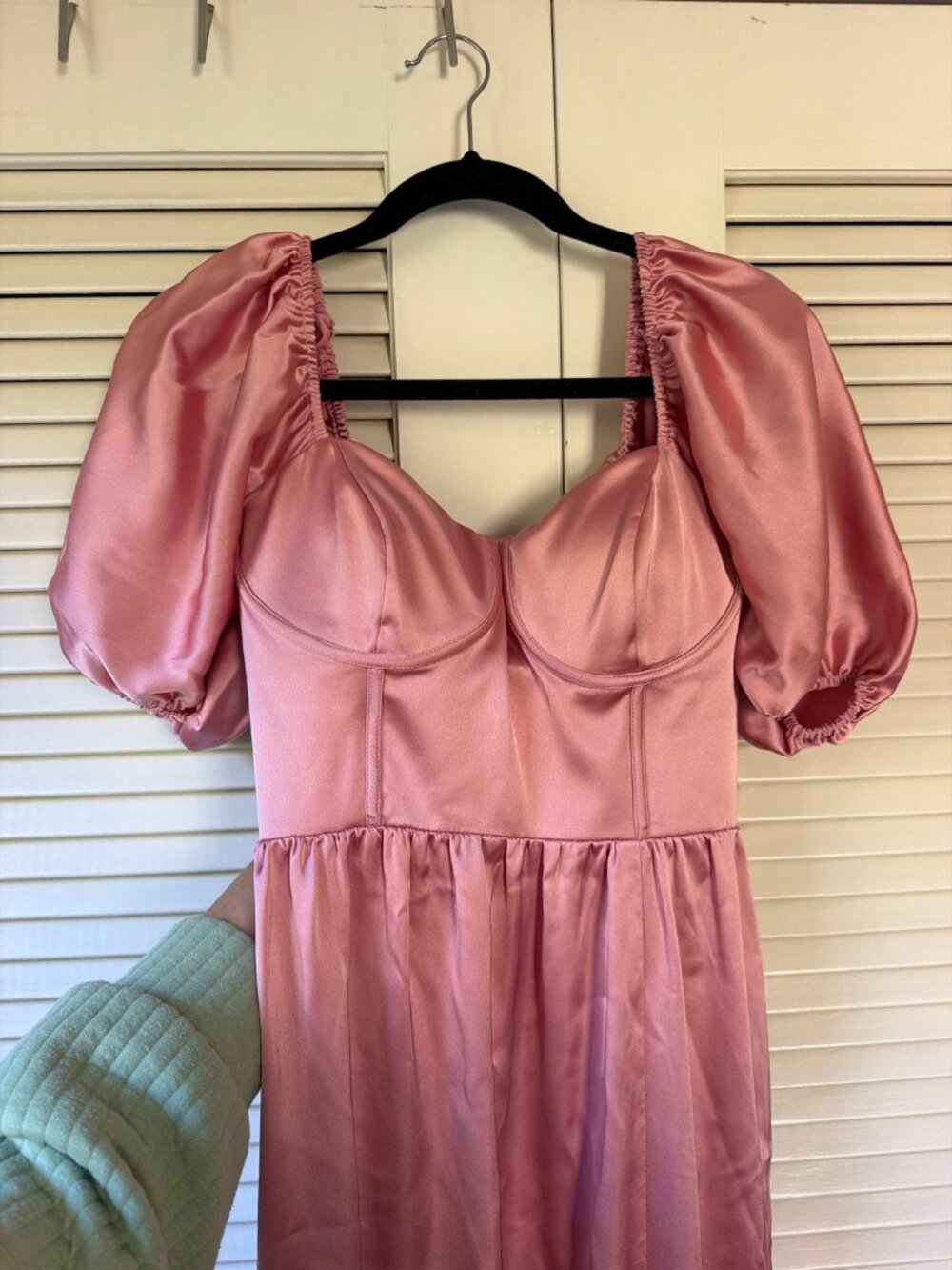 Revelry Satin Rose Bridesmaid Dress — Size 8, Puff Sleeve Maxi, Worn Once